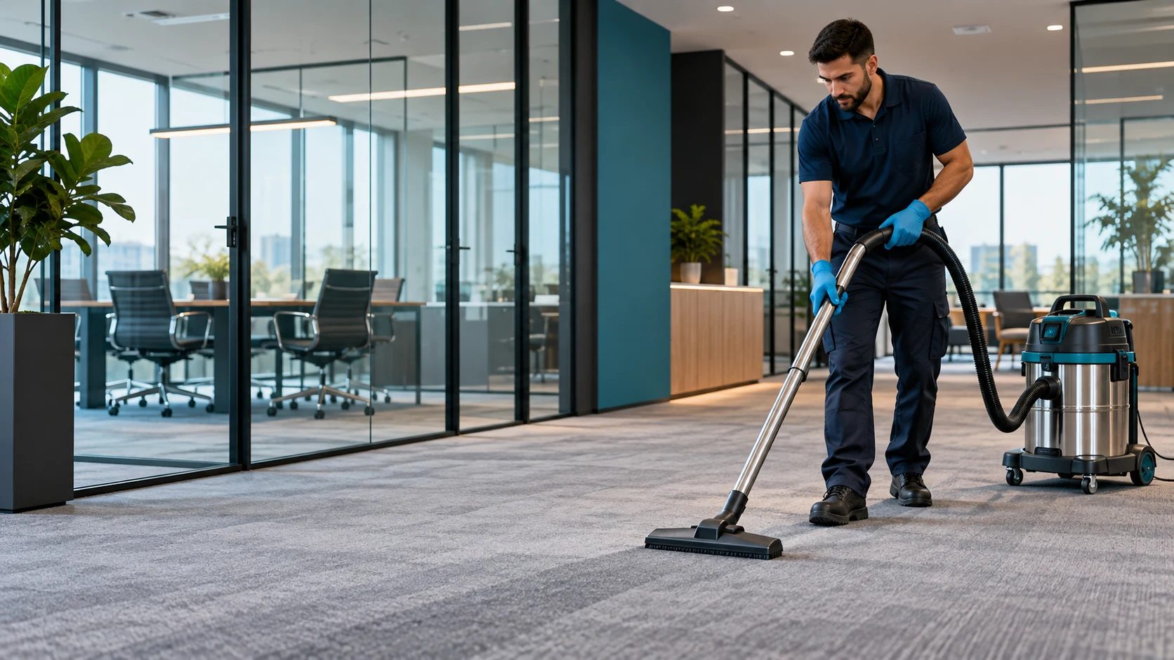 Cleaner vacuuming a newly completed office before handover